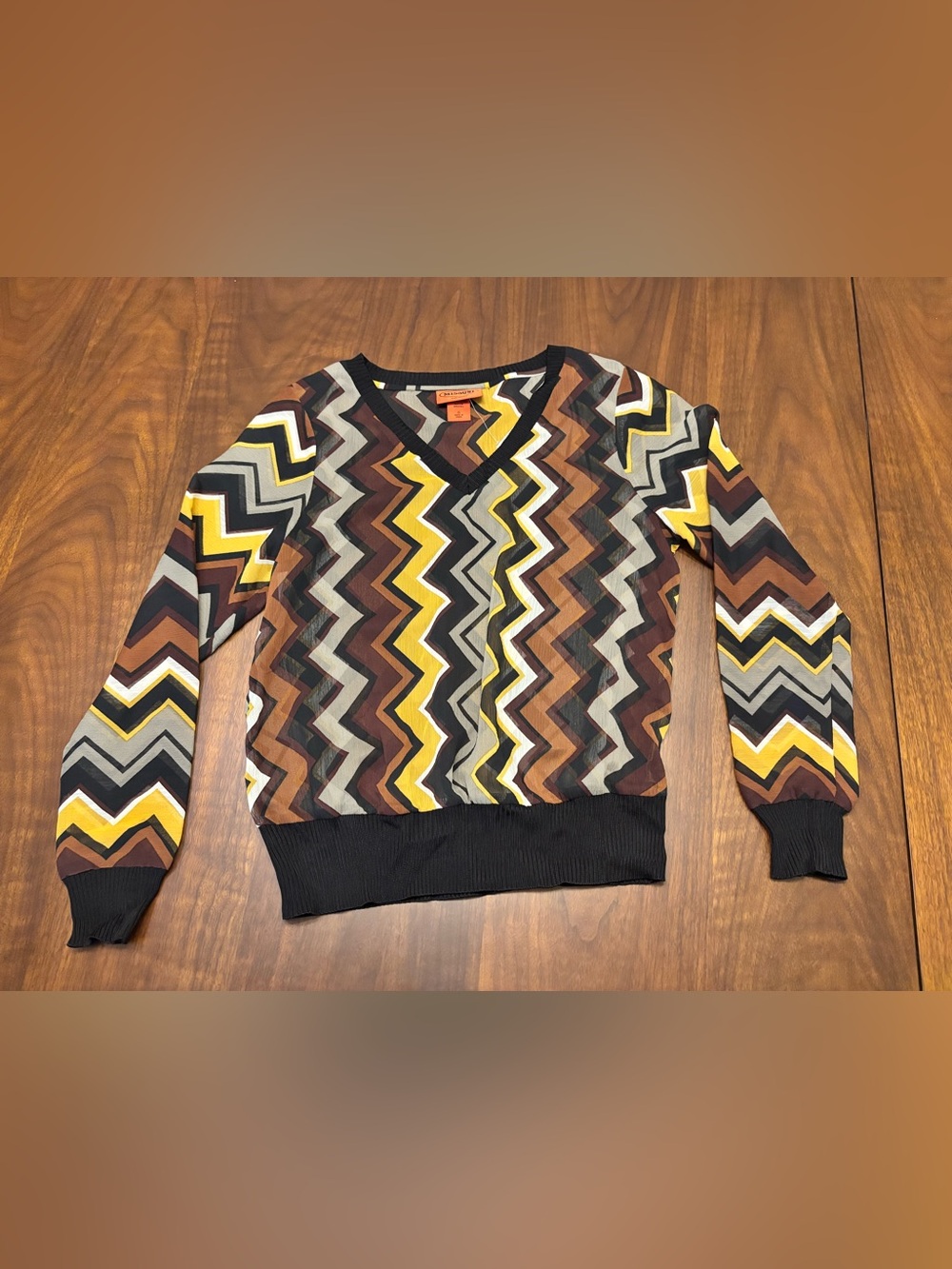 Missoni Sheer Zig Zag V Neck Blouse Top Brown Yellow Size Small NWOT